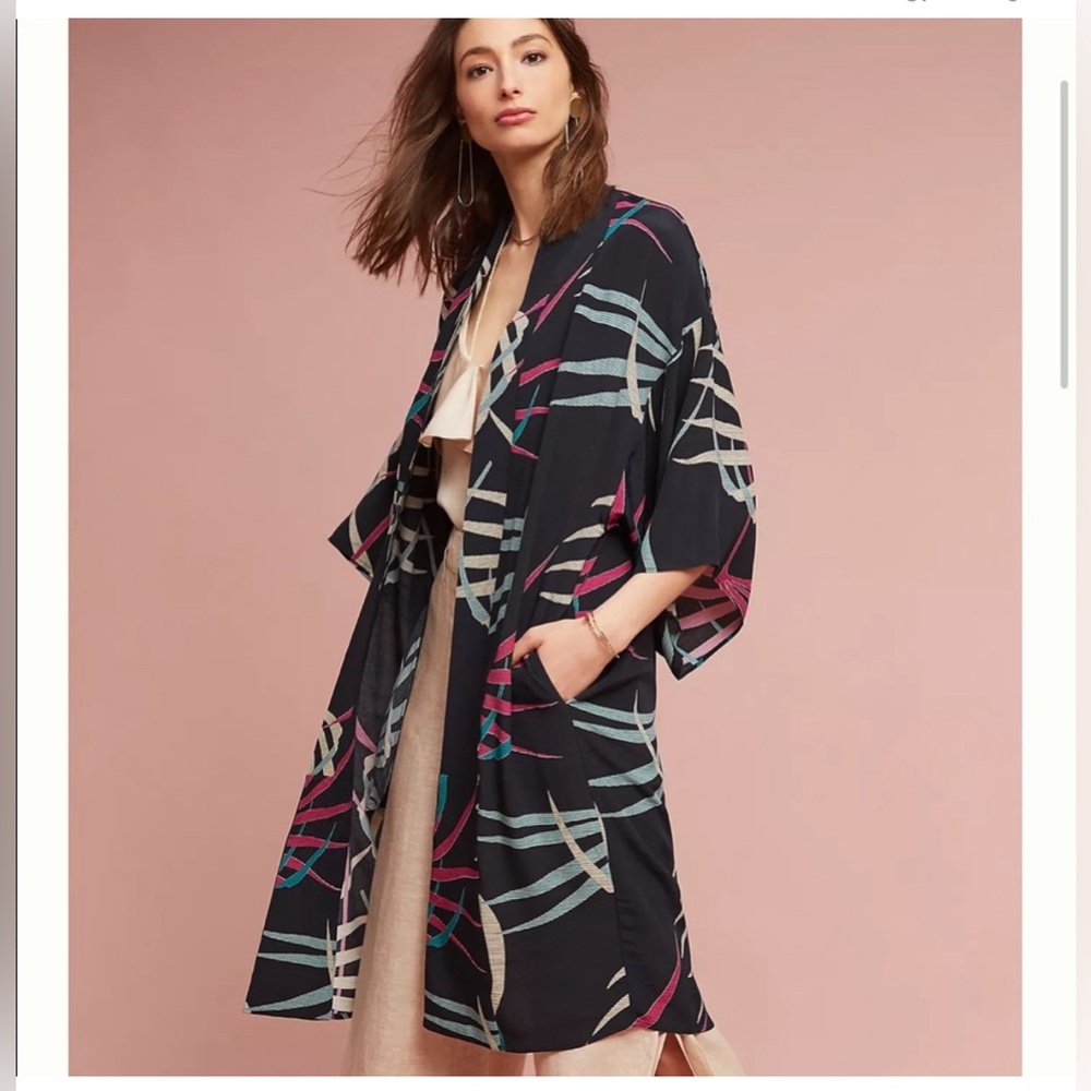 MAEVE Kira Kimono Long Duster Medium / Large Black w/ Palm Print EUC GORGEOUS!